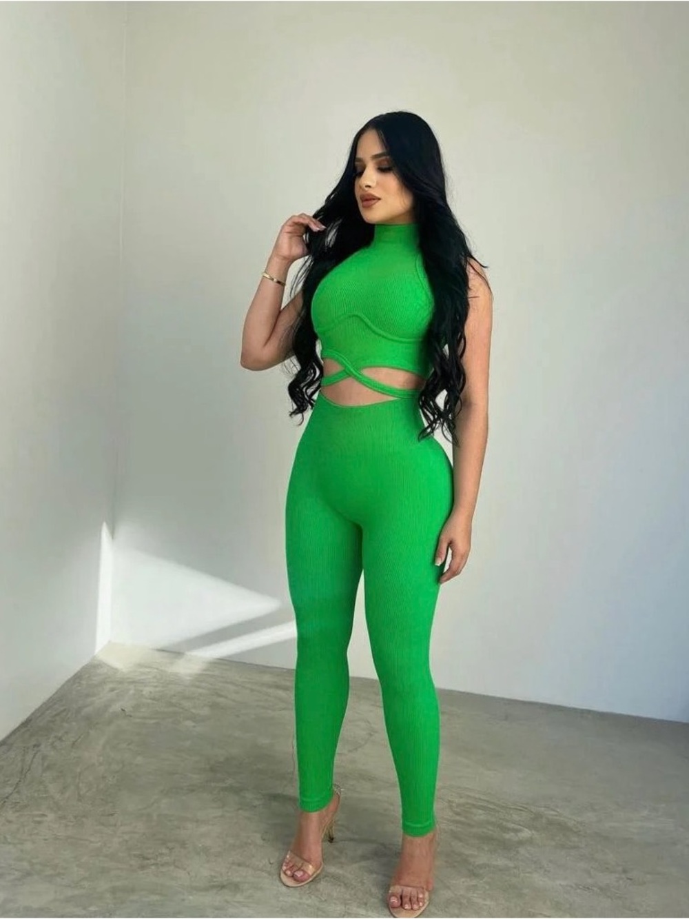 Green Ribbed Cutout Jumpsuit